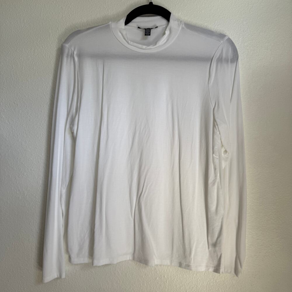 Eileen Fisher Sz M Mock Neck Long Sleeve Jersey Tencel Tee T-shirt White Stretch
